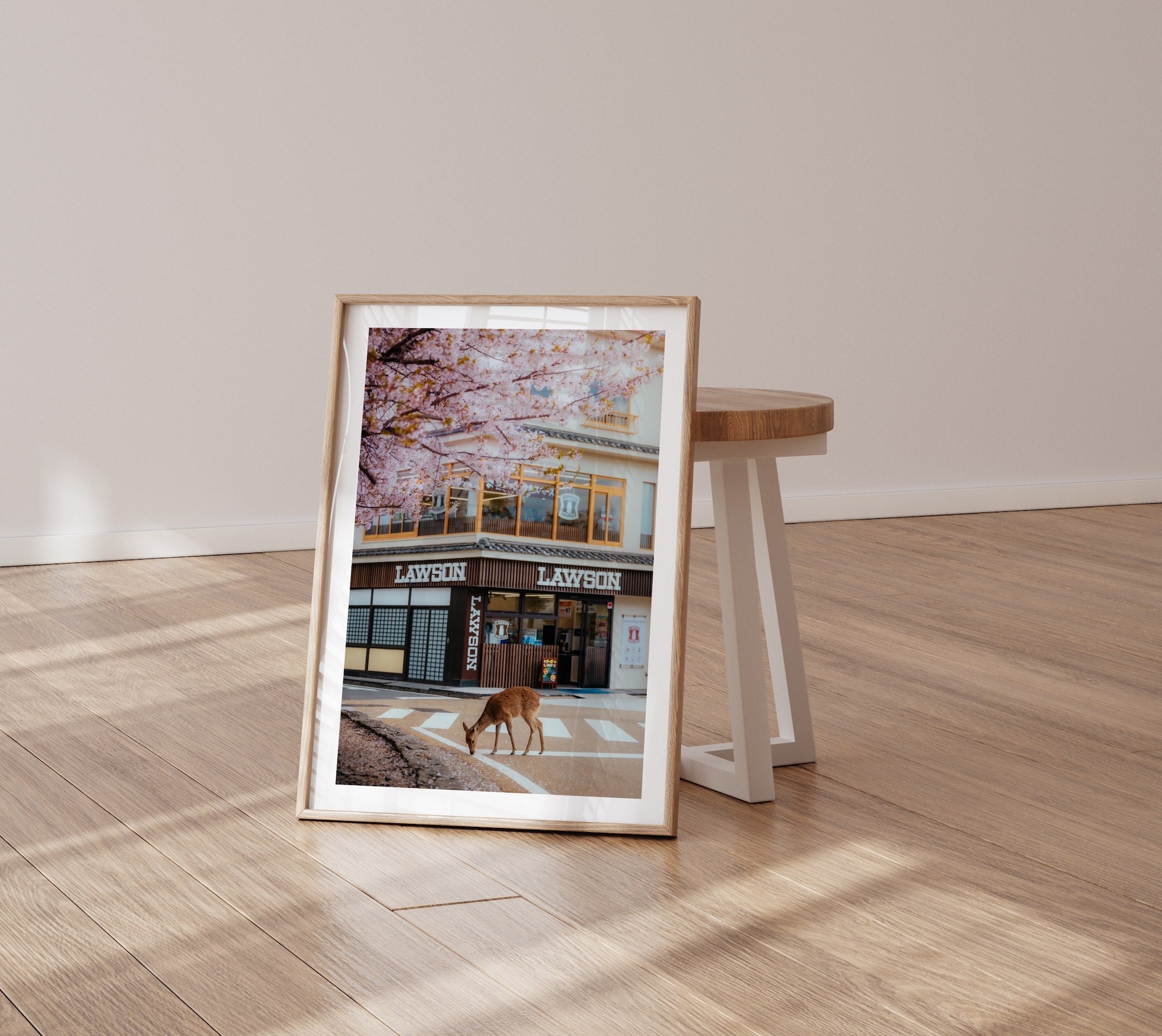 A Deer Under the Cherry Blossoms at Lawson Miyajima - Peter Yan Studio Framed Photo Print Wall Art