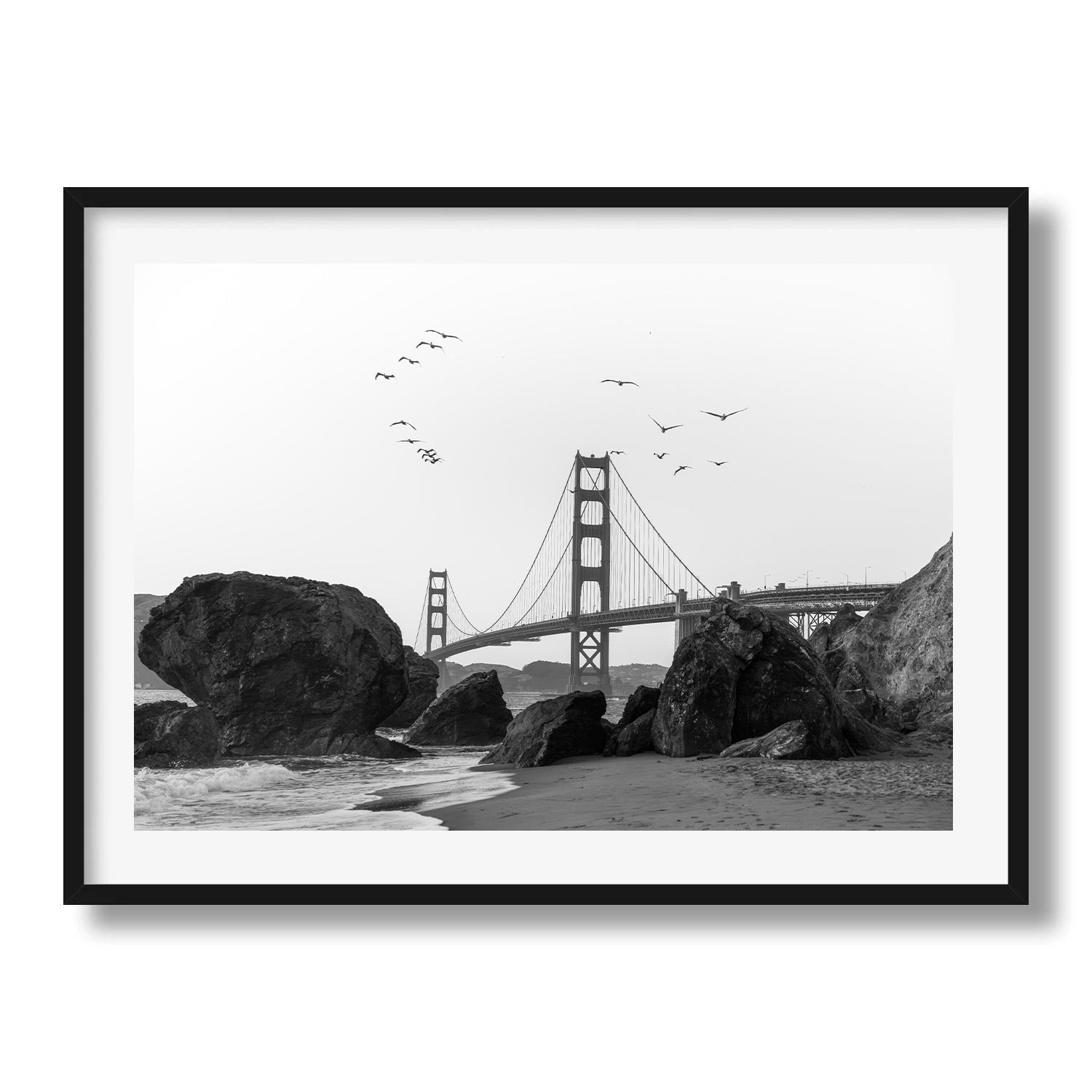 Golden Gate Bridge from Marshall's Beach, Black and White - Peter Yan Studio Framed Photo Print Wall Art