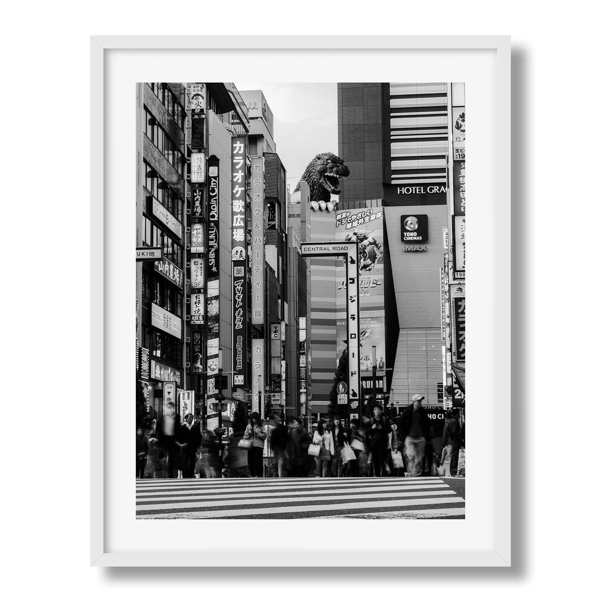 Godzilla head in Tokyo Black & White Framed Print | Japan Street Art Print